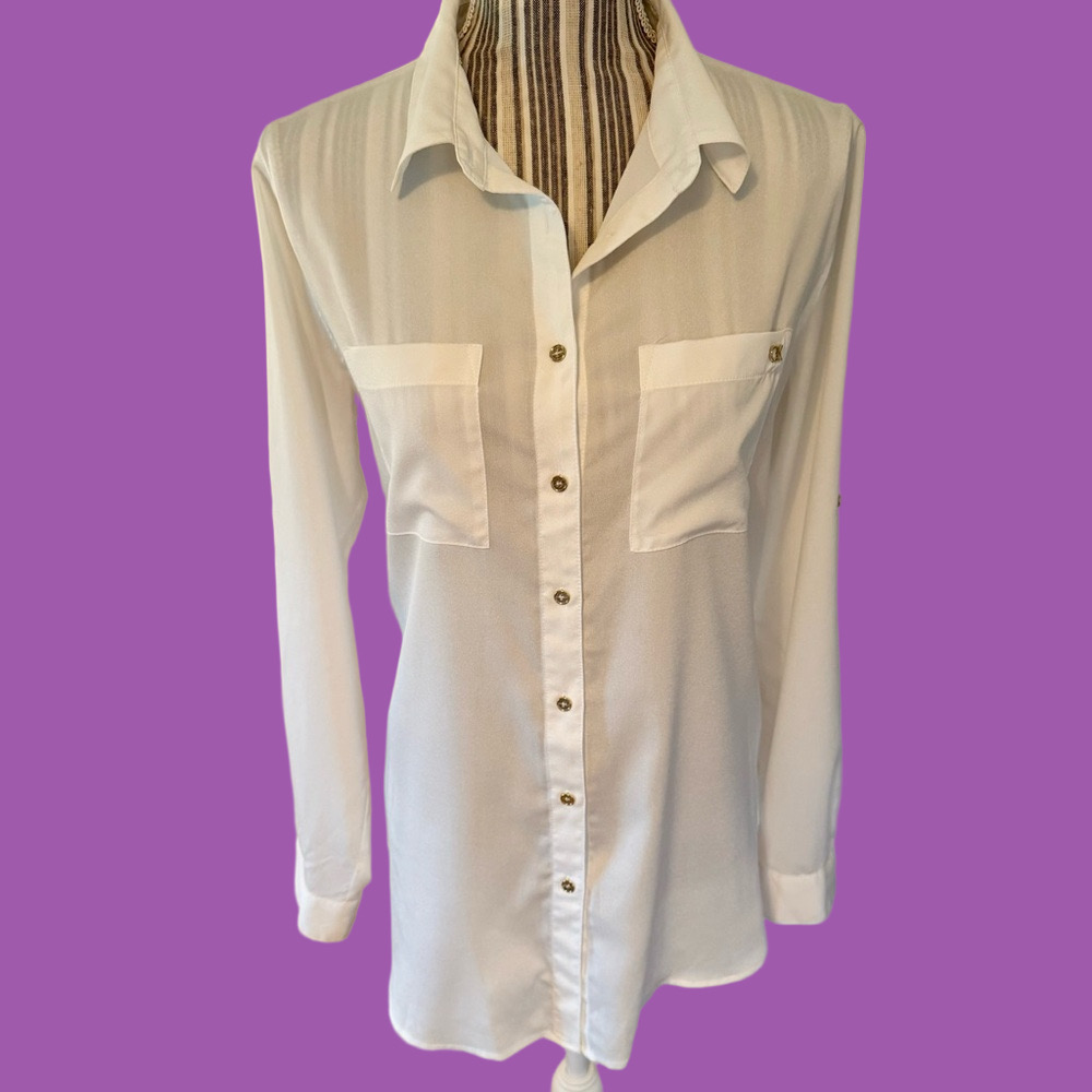 Calvin Klein Ivory Botton Down Blouse with gold tone accents